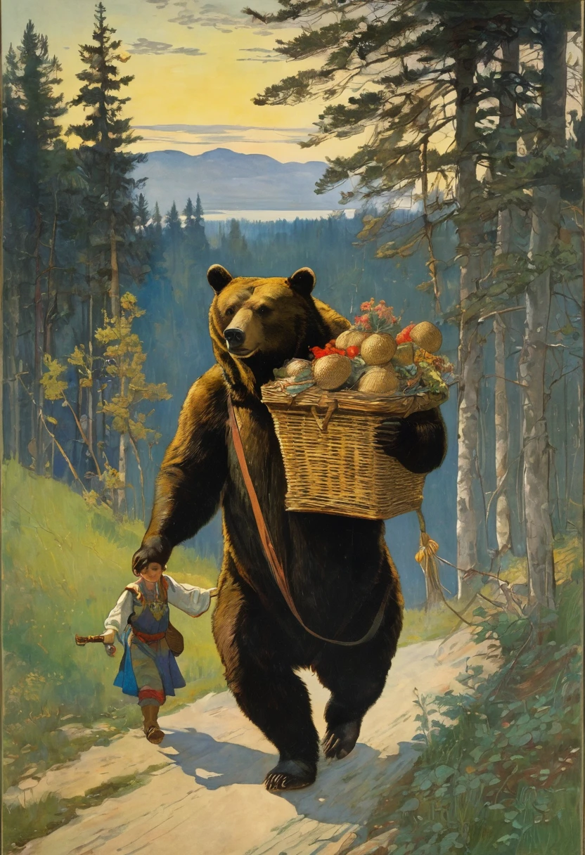 The bear carries a large square basket on his back, a  Masha looks out of the basket, fairy tale Masha and the Bear, Viktor Vasnetsov, Apollinariy Vasnetsov, Vasnetsov, Mikhail Nesterov, Ivan Bilibin, Russian folk tale, Alexander Ivanov, Ilya Glazunov, based on Viktor Vasnetsov, Wilhelm Bissen, Julius Klinger.