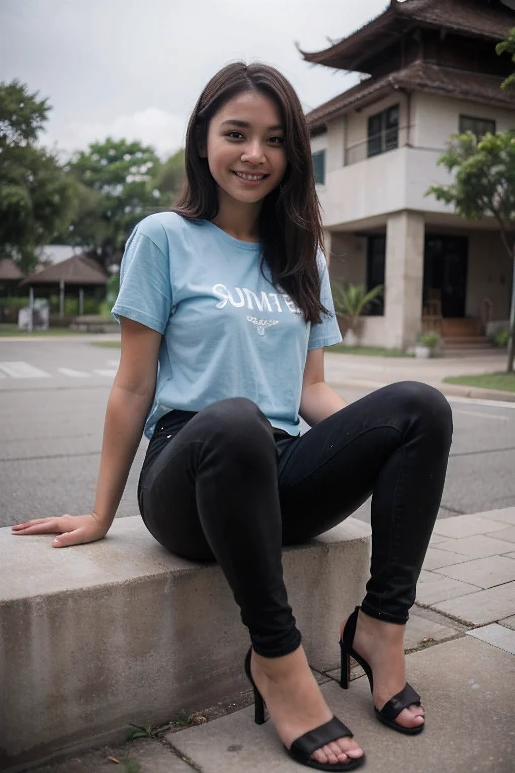 25 years old, girl, blue shirt, black skinny jeans, black blonde hair, indonesian girl, smile, with heel