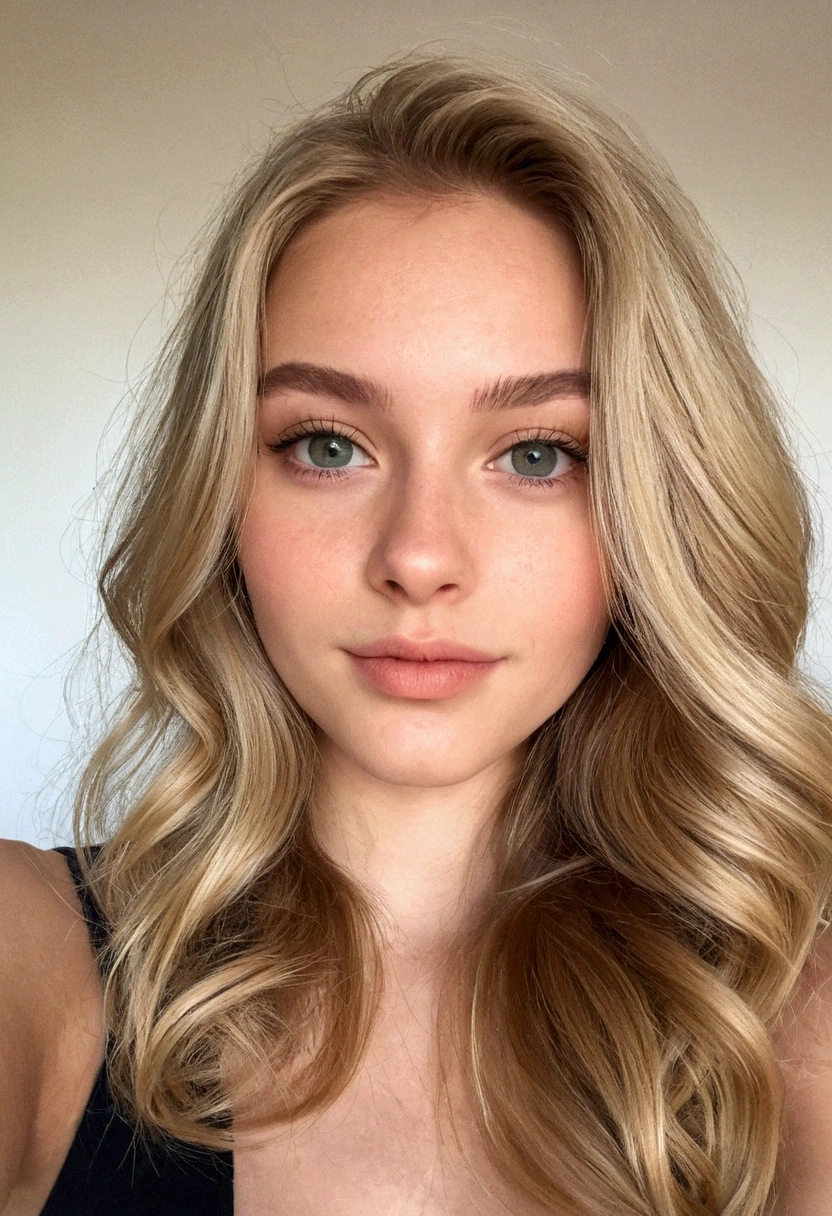 une belle fille blonde de 25 ans aux yeux verts, Longs cheveux blonds, sitting on her allumé, prendre une jolie photo de selfie, proportion parfaite du corps, porter un haut et une jupe, traits du visage détaillés, Une peau impeccable, éclairage naturel, tons chauds, 1fille, Visage détaillé, chef-d&#39;œuvre, Yeux détaillés, Lèvres détaillées, belle peau, éclairage naturel, couleurs chaudes, alluméroom, allumé, iPhone, photo de selfie