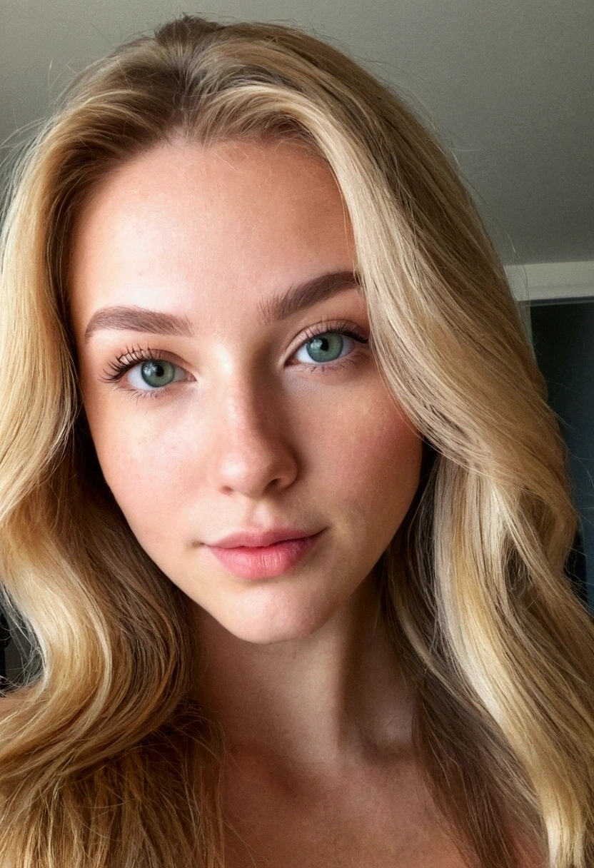 une belle fille blonde de 25 ans aux yeux verts, Longs cheveux blonds, sitting on her allumé, prendre une jolie photo de selfie, proportion parfaite du corps, porter un haut et une jupe, traits du visage détaillés, Une peau impeccable, éclairage naturel, tons chauds, 1fille, Visage détaillé, chef-d&#39;œuvre, Yeux détaillés, Lèvres détaillées, belle peau, éclairage naturel, couleurs chaudes, alluméroom, allumé, iPhone, photo de selfie