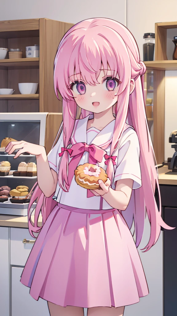 1girl,pink hair, pink eyes with love, detailed eyes, straight hair, long hair, straight bangs, shiny hair,
,red bowtie,purple skirt,purple shirt,pleated skirt,short sleeves,looking at the plate with donut she is holding, holding a plate wih donut, smile, laughter , open mouth, kitchen background, high-definition,masterpiece, masterpiece, best quality, high resolution, aabeta, double, standing, slim waist, cute, sailor uniform (PastelColors: 1.3)