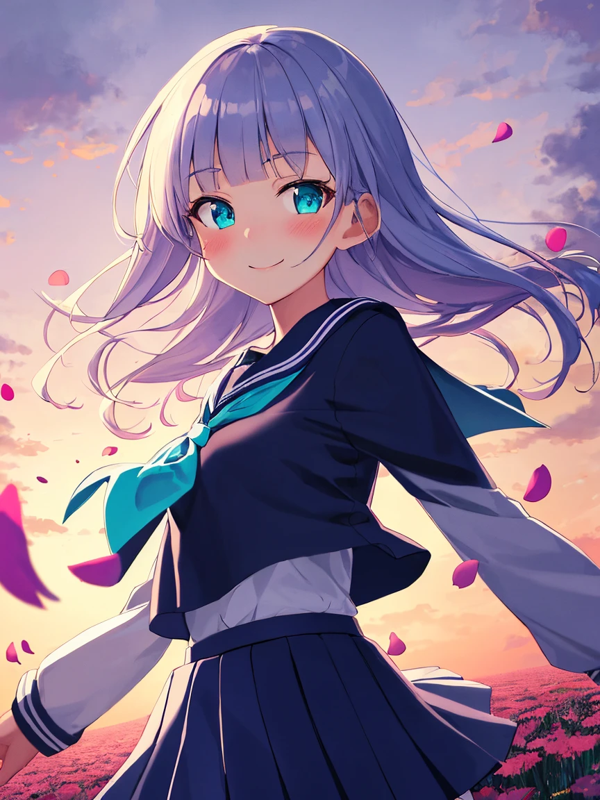 (( best quality, masterpiece, 4k, 8k, 16k, absurdrity, retina)), Ultra-Wide Angle, anime style, 1girl, smile, blunt bangs, drooping eyebrows, aqua eyes, glowing eyes, violet hair, meadow, smile, curtsy, white serafuku, blue sailor collar, red neckerchief, long white shirt, blue flowing pleated skirt, lace-trimmed skirt, BREAK looking at viewer, blush, facing shot:, sunrise backlighting, cloudy, purple and blue gradient sky, butterflies, award winning, vibrant colors, flowers flying, bloom, petals falling