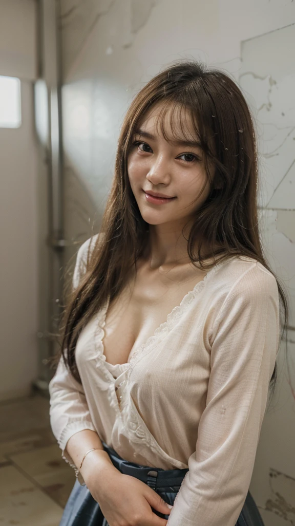 masterpiece, best picture quality, high quality, beautiful girl, Japanese, Japanese school girl, popular Korean makeup, detailed, swollen eyes, detailed eyes, detailed skin, beautiful skin, ultra high resolution, (reality: 1.4), very beautiful, slightly younger face, beautiful skin, slender, (ultra realistic), (illustration), (high resolution), (8K), (highly detailed), (best illustration), (beautifully detailed eyes), (super detailed), (wallpaper), (detailed face), looking at viewer, fine details, detailed face, pureerosfaceace_v1, smiling, looking straight ahead, looking straight ahead, angle from waist up, realistic photo, bright lighting, professional lighting, blonde, long hair, dark ruins, long stylish bangs, standing, full body frame, (small breast: 0.5)