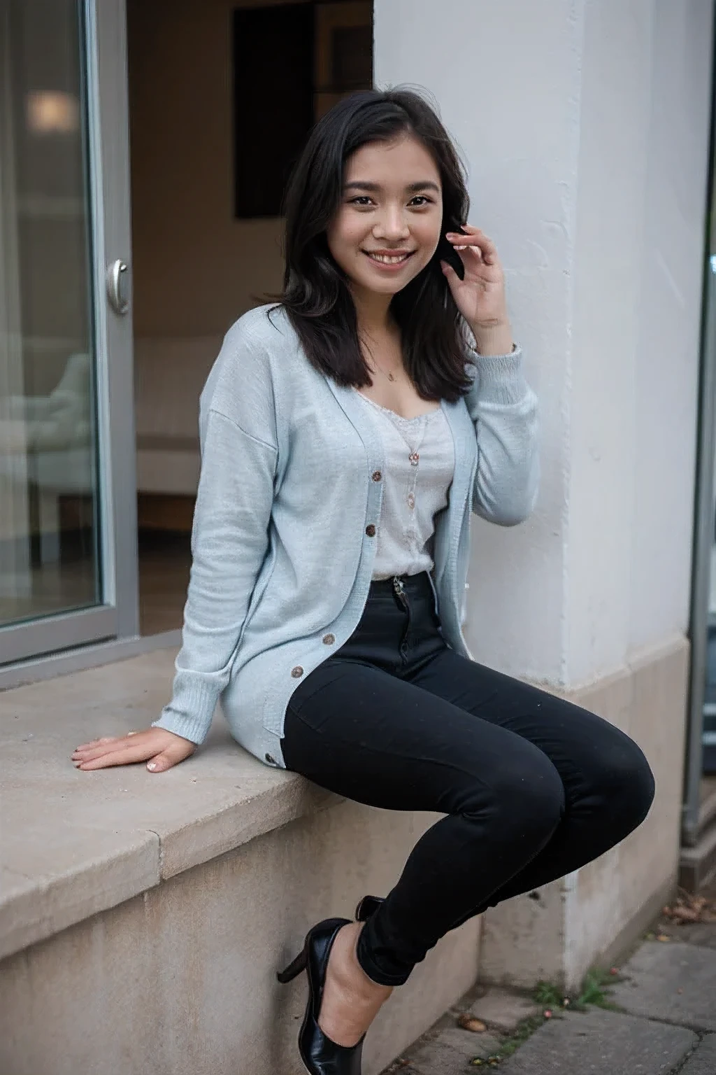 25 years old, girl, blue shirt, cardigan, black skinny jeans, black blonde hair, indonesian girl, smile, with heel