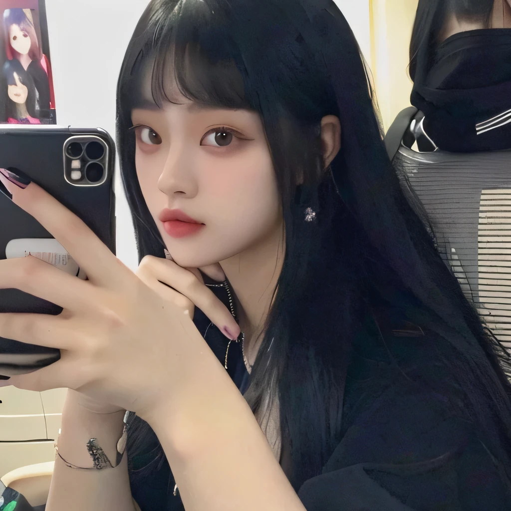 NO EYEBROWNS there is a woman taking a selfie with her cell phone, she has black hair with bangs, the hime cut, without makeup, jossi of blackpink, cruel korean goth girl, ulzzang, billie eilish, e - girl, e-girl, shikamimi, 1 7 - year - old goth girl, 🤤 girl portrait, very very low quality picture
