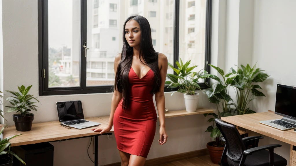 An 18-year-old (Indonesian:0.5)-(Spanish:1.5) girl, (Long flowing straight Black Hair:1.5), full makeup, long legs, (slim tall slender fit-muscled body:1.4), defined abs, business-style (red dress:1.5), cinematic shot in 8k HDR, emphasizing elegance and professionalism, working confidently in her office, a modern office, red walls, office desk, office chair, laptop, computer, monitor, potted plant, minimalist, clean, simple, sunlight, window, warm lighting, professional