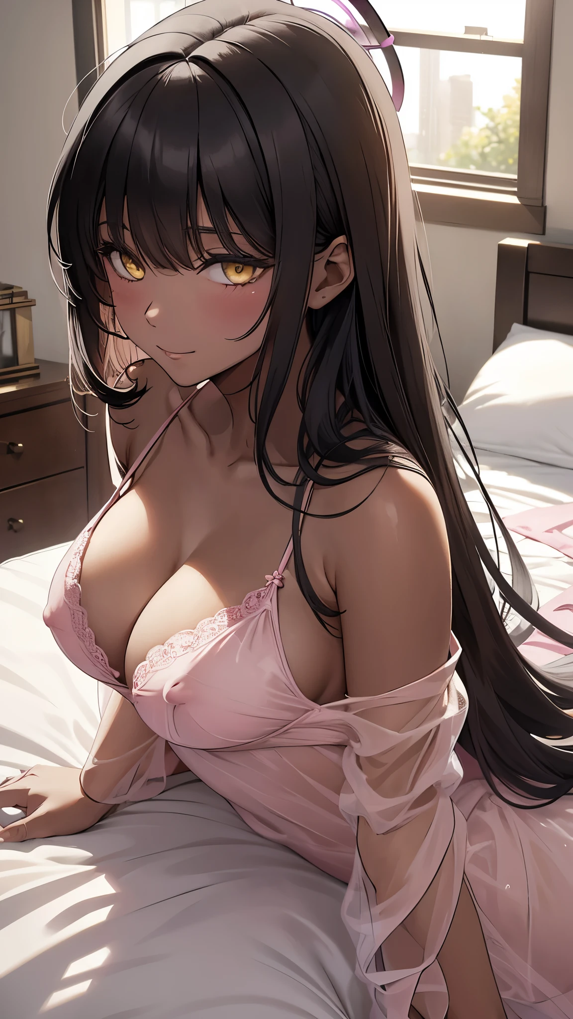 Masterpiece, best quality, long black hair, halo, bangs, yellow eyes, ((pink negligee)), big tits, (see through nipples), blushing, little smile, from a side, looking at viewer, (morning situation, lying back on bed), soft lighting