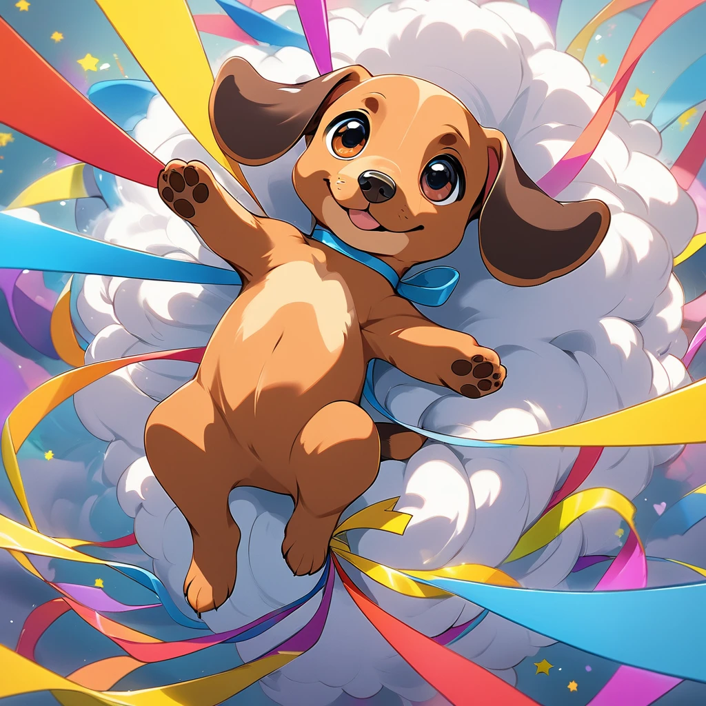 Ultra-small deformation, Pop art, (from above), A Dachshund puppy is falling slowly in the air, surrounded colorful curling ribbons and particles shaped star, lie on back spreading arms and legs wide, cute posture, close up happily expression toward the viewer, smoke screen, Dynamic action scenes