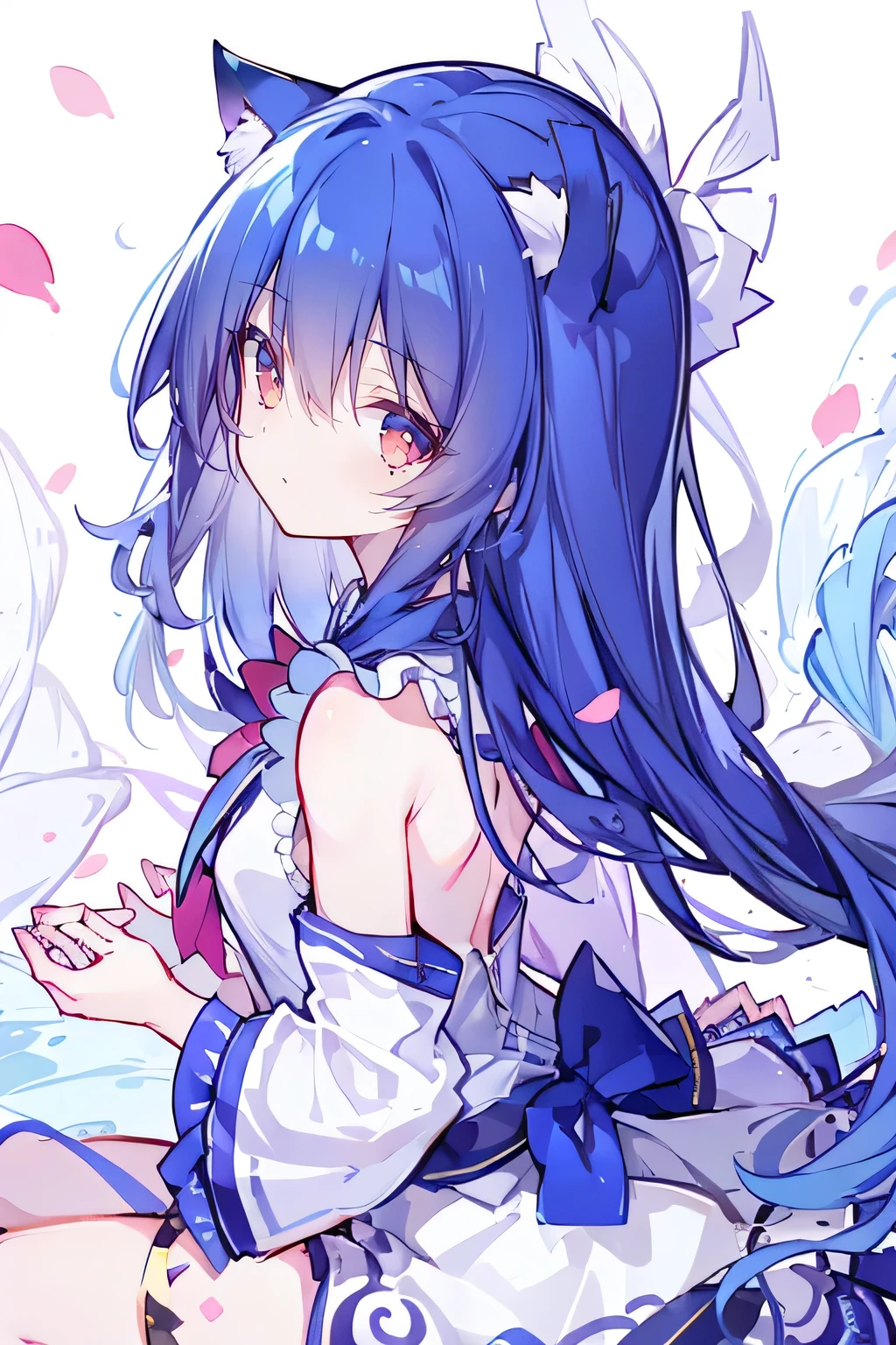 （masterpiece：1.2），Super detailed，lifelike，Expressive eyes，fair skin，perfect face shape，1 girl，
Japanese comics,Gorgeous blue hair,flowing blue hair,flowing clothes,Cat ears,Petals fall,beautiful lola,Baby Angel,
Shaking head with one hand，Cross your legs，，The pavilion is cool and comfortable,smile,back views,sunrise,Petals fall,sunrise