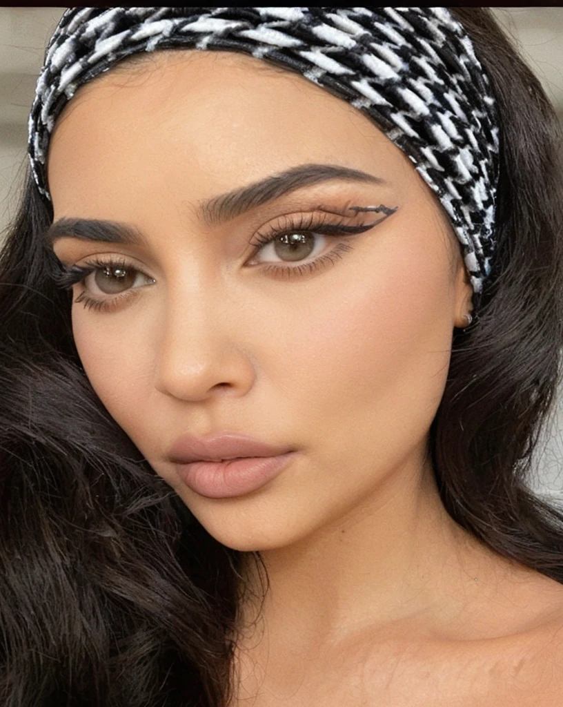 a close up of a woman with a headband on her head, Kylie Jenner, portrait of Kim Kardashian, rosto sexy com maquiagem completa, Kylie Jenner as catwoman, fechar o rosto, Kim Kardashian, close-up do meio, film still of Kim Kardashian, olhar , olhar feroz, flawless face, Sobrancelhas espessas, big bold Sobrancelhas espessas, sensual lips :5 elegante