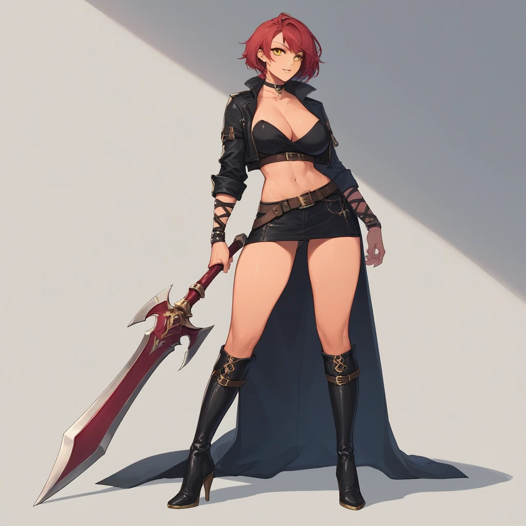 nsfw,,,,(sara valestein),(sen12),1girl, large breasts,choker, belt, yellow eyes, red hair,((high heel boots, Knee-high boots)),
