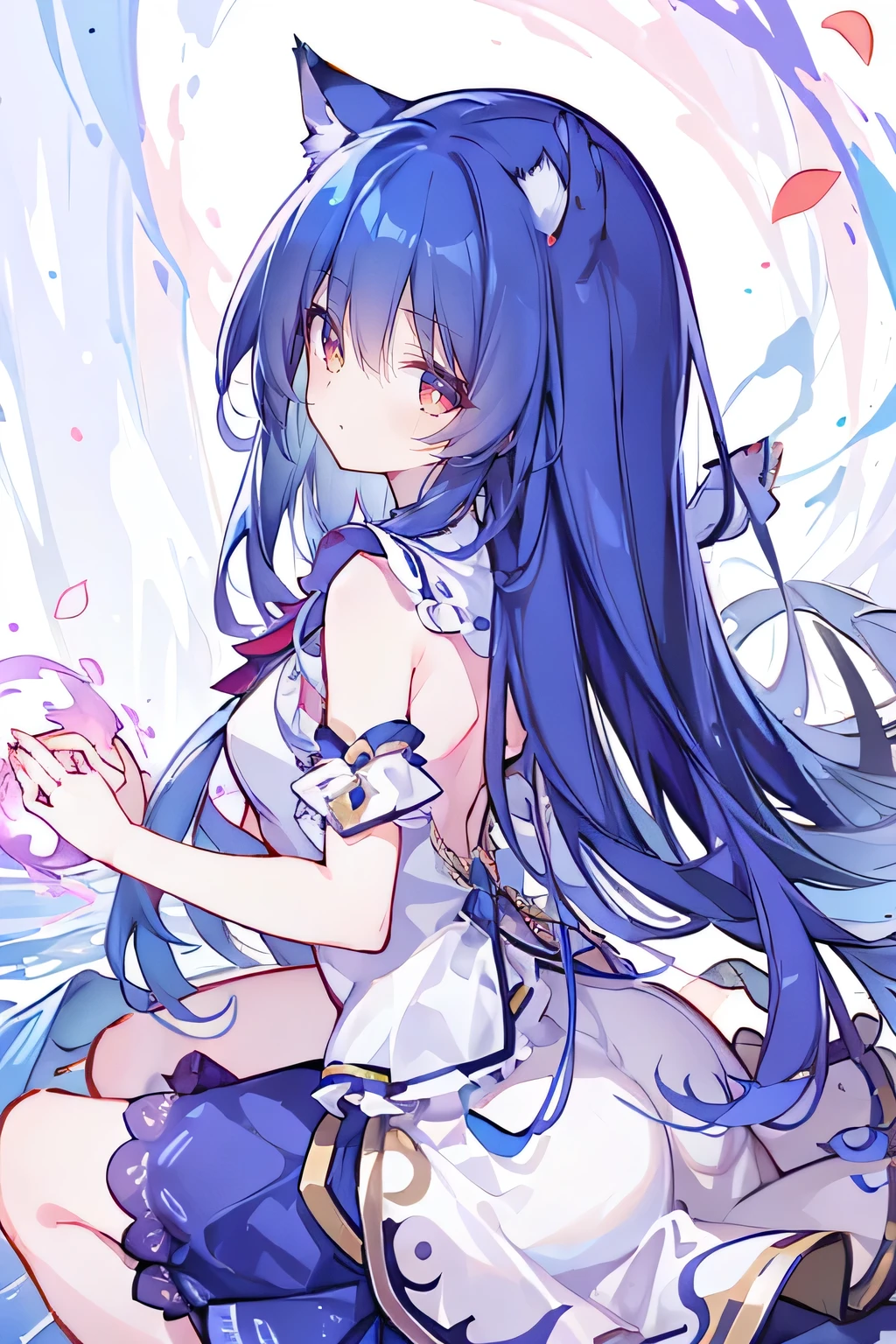 （masterpiece：1.2），Super detailed，lifelike，Expressive eyes，fair skin，perfect face shape，1 girl，
Japanese comics,Gorgeous blue hair,flowing blue hair,flowing clothes,Cat ears,Petals fall,beautiful lola,Baby Angel,
Shaking head with one hand，Cross your legs，，The pavilion is cool and comfortable,smile,back views,sunrise,Petals fall,sunrise