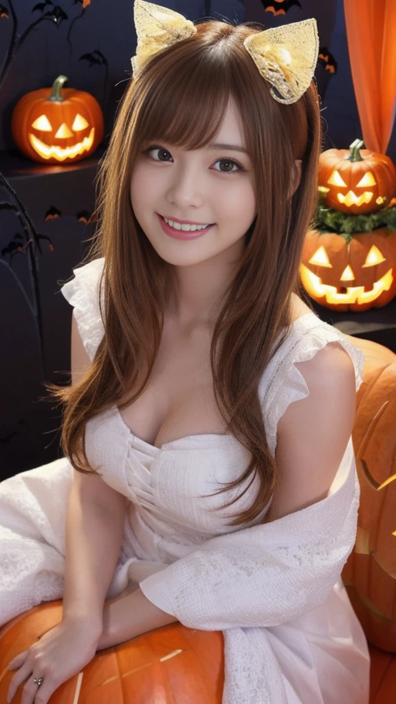 (upper body photo,a 26 year old japanese girl, detailed face, beautiful detailed eyes, beautiful charming smile, extremely detailed face, cute, anime style, halloween party:2.0), colorful lights, pumpkin decorations, haunted house, fog, spooky atmosphere, (best quality, 4k, highres, masterpiece:1.2), realistic, photorealistic, photo-realistic, vivid colors, intricate details, fantasy, soft lighting, magical