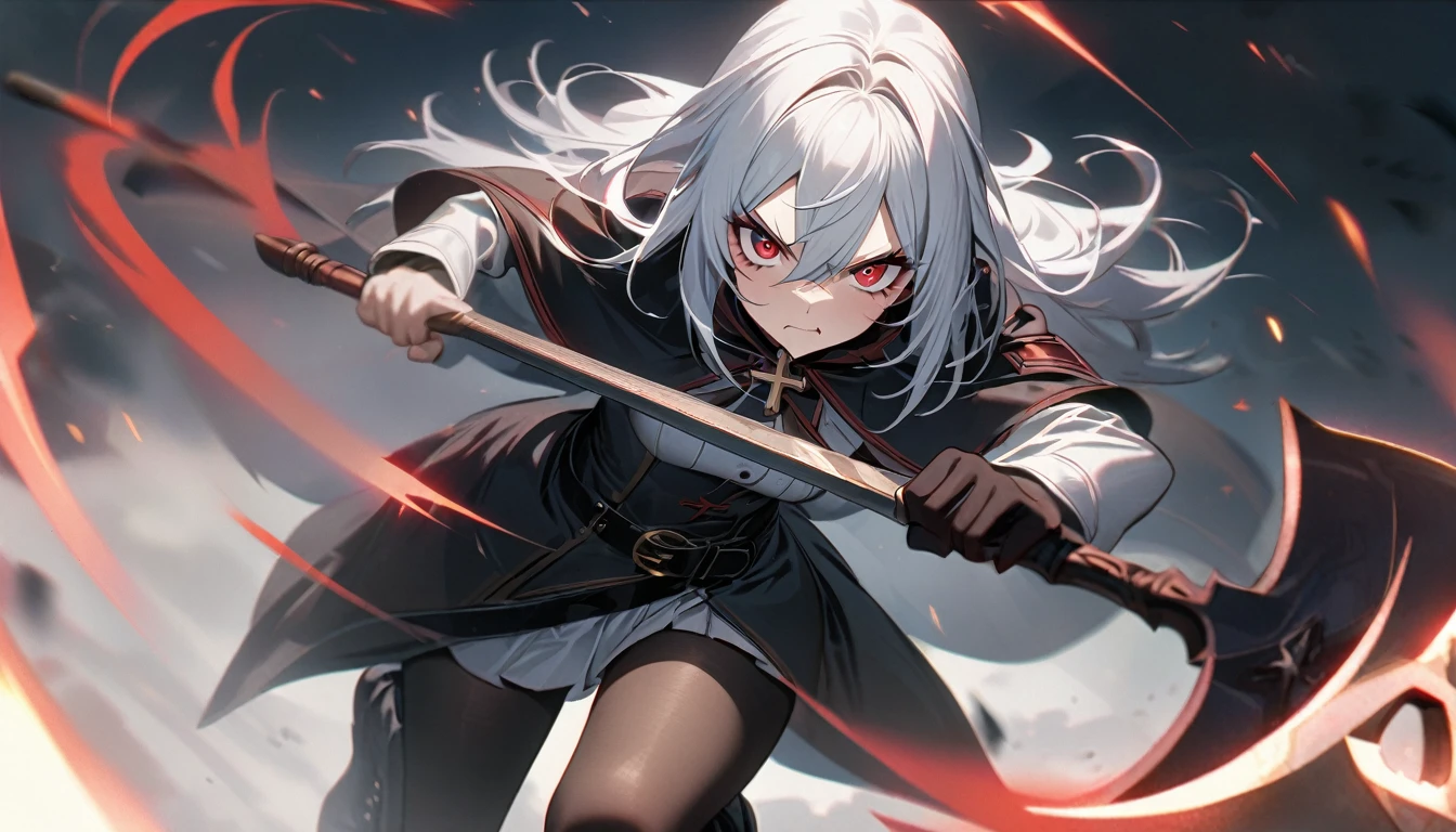 One girl, Alone, Long white hair, Red eyes, ((holding a battleaxe)), Black footwear, Boots, Pantyhose, Cross, knee boots, Show viewer, Belt, Capelet, Hair between the eyes, Long sleeves, black Capelet, black Pantyhose,sensual,piercing-eyed,dominant,8K,high quality, Texture Skins, Intricate Details,Slash,attack,Angry face