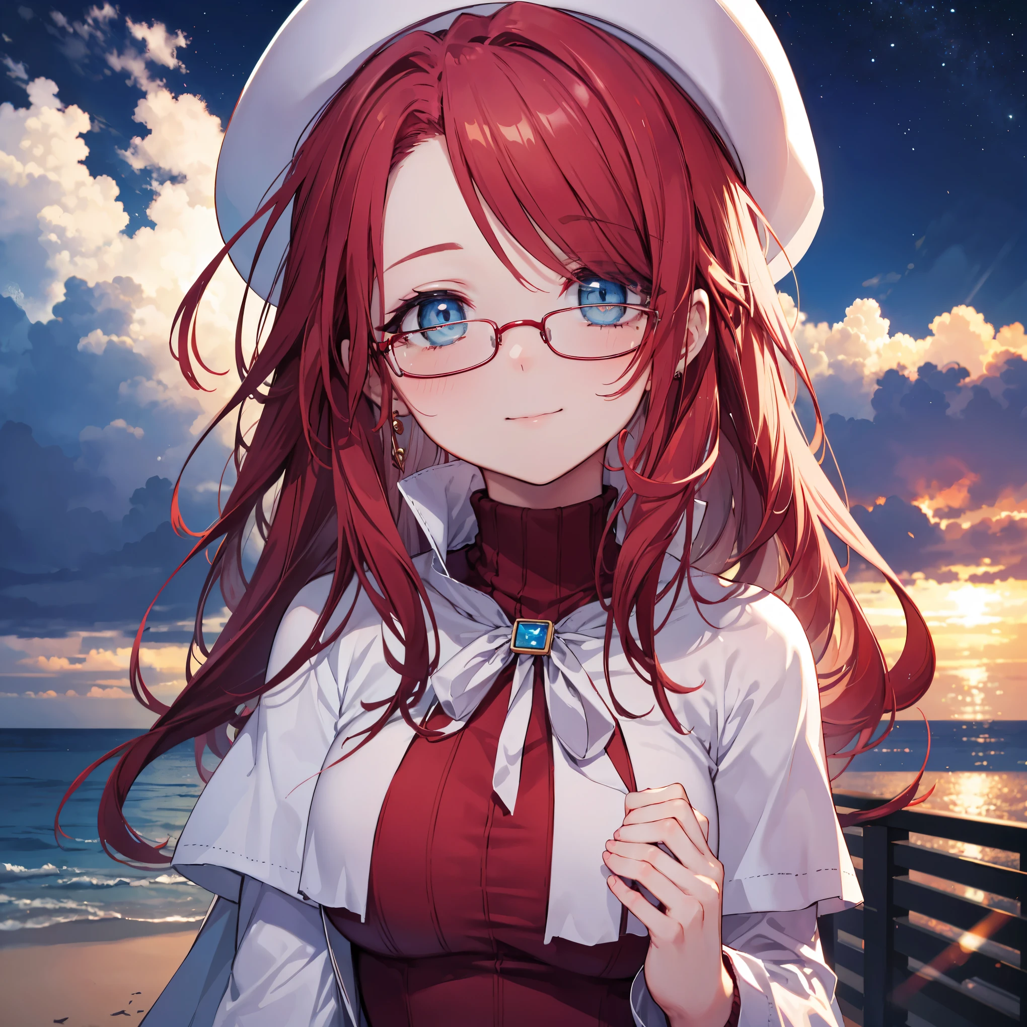 summonnightaty, aty, ),long hair, blue eyes, red hair, big_tits, hat, glasses, BREAK long hair,, hat, dress,glasses, cape, sweater, beret,ribbed sweater,,solo, BREAK outdoors, fantasy, BREAK (masterpiece:1.2), best quality, high resolution, unity 8k wallpaper, (illustration:0.8), (beautiful detailed eyes:1.6), extremely detailed face, perfect lighting, extremely detailed CG, perfect anatomy),covered_nipples,(half_eyes:1.2),(sleepy_eyes:1.2),red_sweater,magical_effect,,Smile,solo,beach_sky_landscape,night_sky,solo,portrait,bust up,
