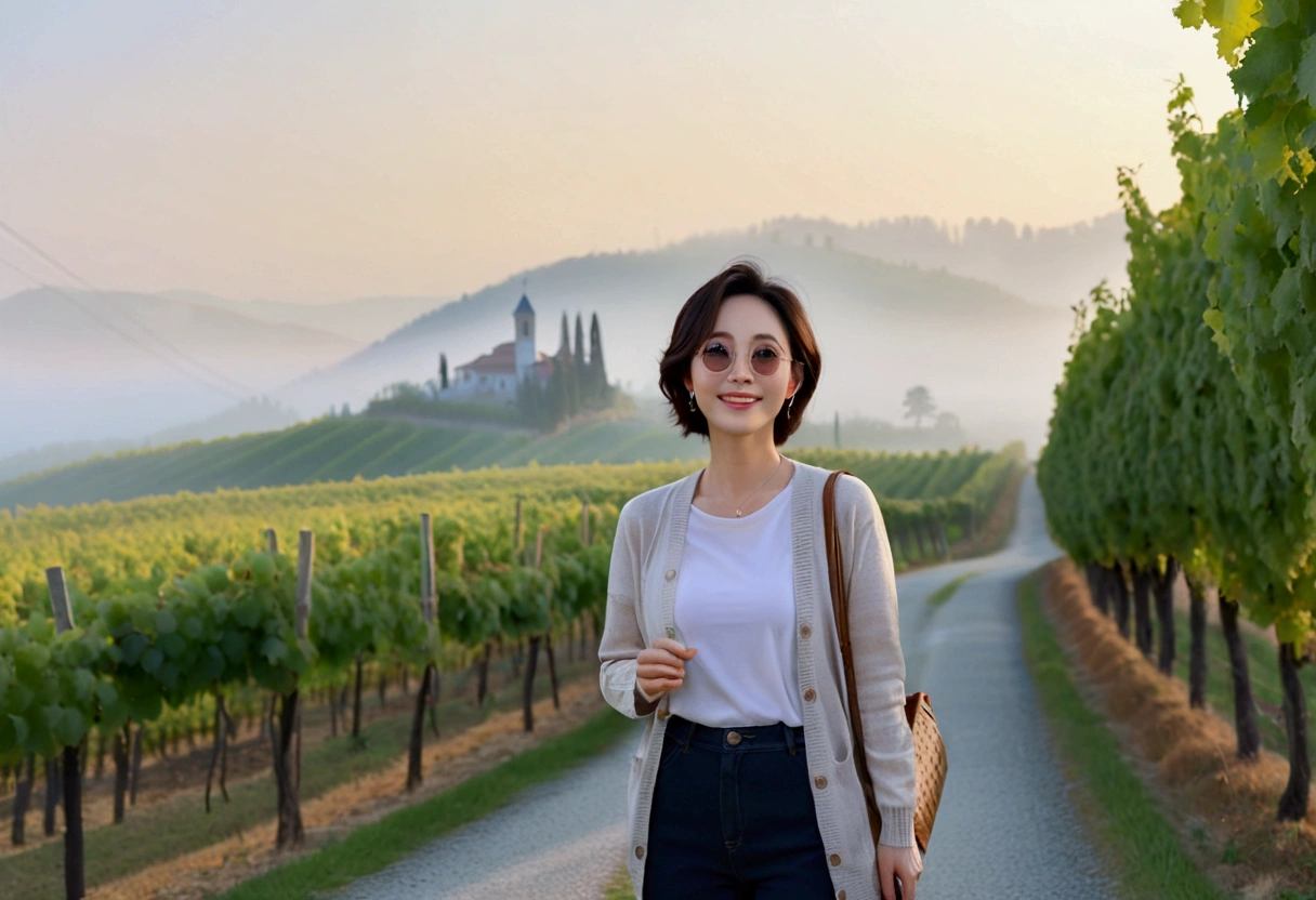 k Best picture quality, Beautiful 36-year-old Korean woman, Chest size 34 inches, northern italy countryside dawn, View of the cathedral next to the vineyards, The back background is realistic and vivid quality., short medium hair, white shirt and cardigan, Wear casual pants, Smile slightly. the background is clear, look up to the side. cottonwood tree-lined hill, I walk down a path with a curved end.. Looking at the vineyard covered in thick fog, Clear picture quality