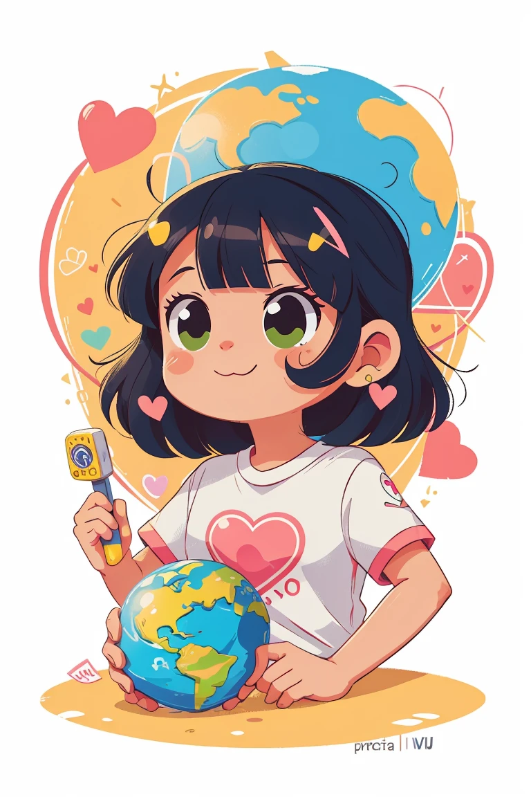 print ready vector T-shirt design, Kawaii Brazilian TV retro illustration,Shape is heart, Earth, Cisplatin, TV show, sticker, Clean white background, Professional Vector, High Detail, T-shirt design, Graffiti, Energetic,