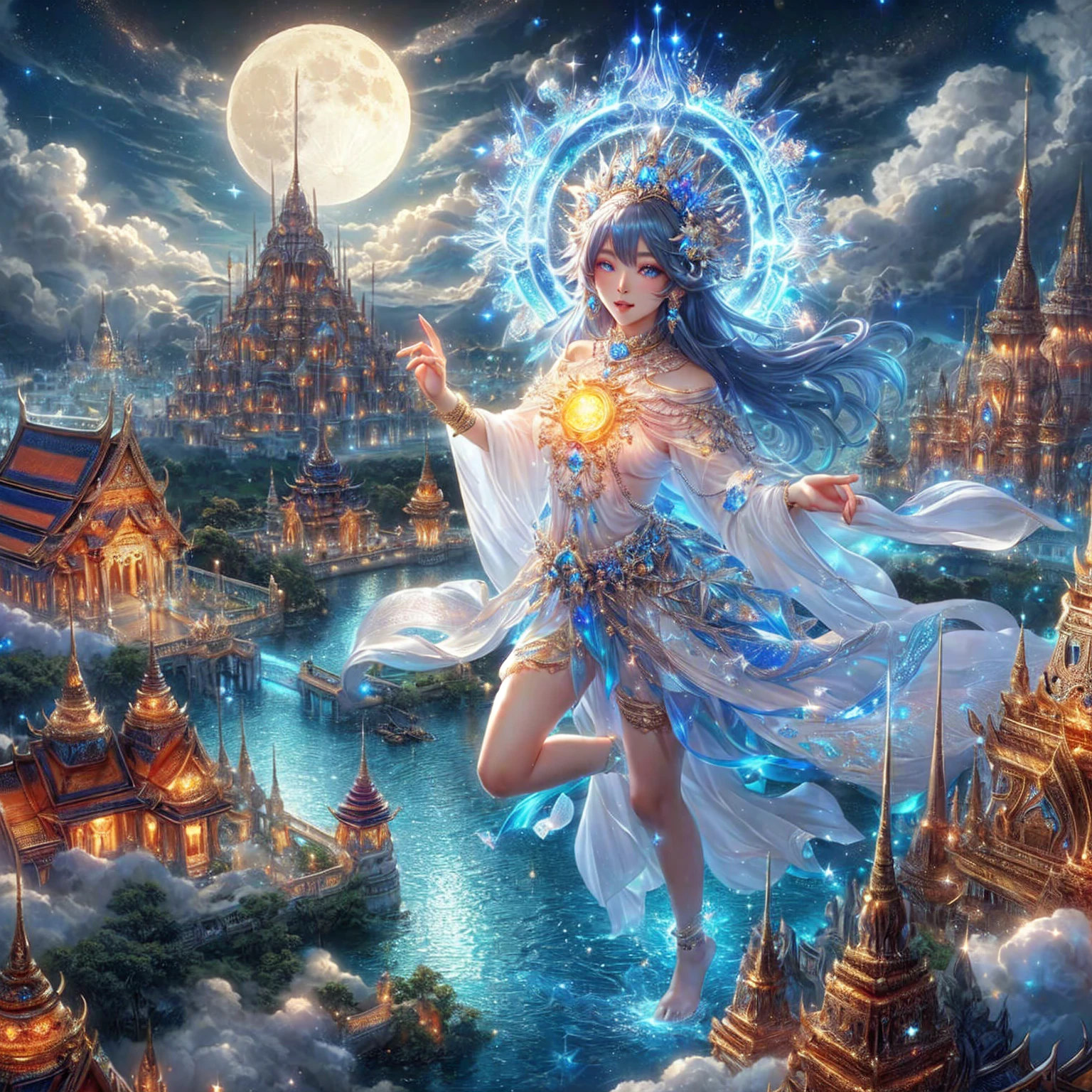 super model woman , golden crown , pink mouth ,Dressed in gold, standing in front of a crescent moon., goddess of heaven, goddess of the moon, anime goddess, beautiful heavenly mage, lunar goddess, Moon Goddess, Golden Lotus Princess, Goddess of the Galaxy, Beautiful Fantasy Empress, ((Beautiful Fantasy Empress)), Goddess and Moon, As the sun goddess,, Goddess of space and time , , Fine gold jewelry , red diamond , Indian city background