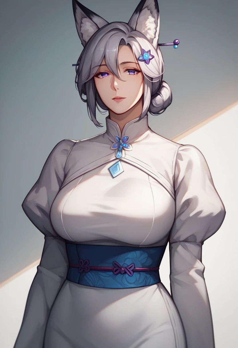 (masterpiece, best quality:1.2)((silver white hair))((violet eyes)),solo,1girl,((eyes tilted outwards)), ((standing_fox_ears)), mature_female,averting_eyes,hair_between_eyes,basic_blue_hairpin,bob_hair,short_hair, (medium breasts), puffy_sleeves, girly_clothes