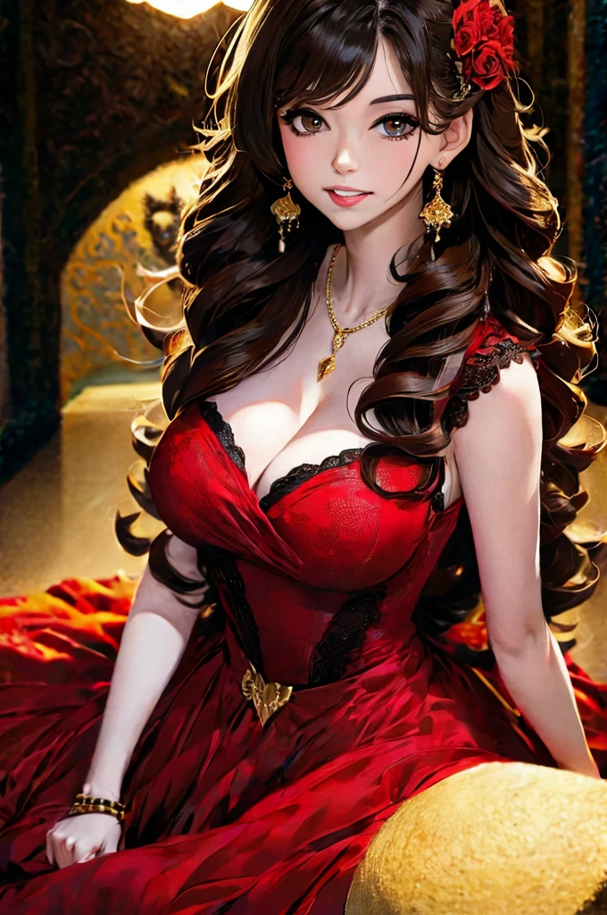 (extremely detailed CG unit 8k wallpaper, masterpiece, best quality, ultra-detailed), (best lighting, best shadow), 25 year old Spanish woman, mature, square face, wearing 1 red rose on necklace neck, wearing black lace dress with red, golden earrings, features like a maria padilla, (highly detailed skin: 1.2), medium brown loose hair with lights