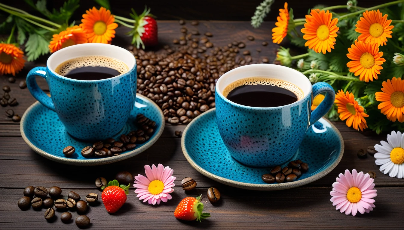Create an image featuring two rustic blue speckled mugs on saucers,filled with a coffee cup, set on a dark wooden table. Surround the mugs with many vibrant orange and pink daisy-like flowers, some petals scattered. Include fresh strawberries and scattered coffee beans in the composition. The background should have a moody ambiance with teal and blue hues, accentuated by soft lighting that casts a cozy glow over the scene. first person view from the front,focus on the cup,