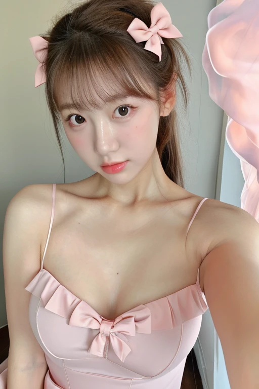 masterpiece, Best Quality, High resolution, 4k, detailed, korean girl, korean face, K-pop idol, gentle face, pastel pink dress, light pink dress, bows in hair, pink bows, long hair tied in a high ponytail, black, , marked clavicle, small waist, Wide hips, big thighs, pose linda, selfie, natural image, realistic image.