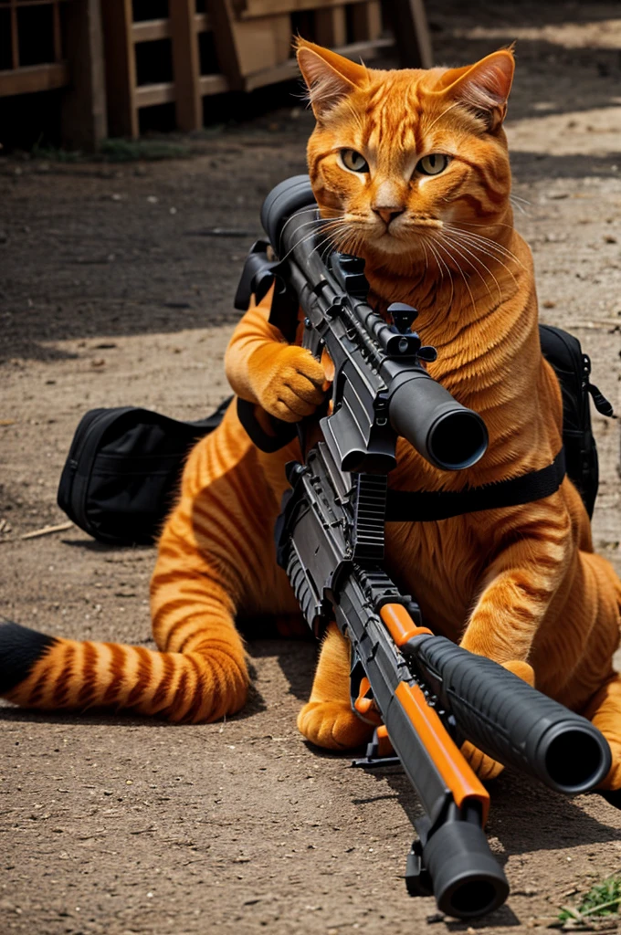 An orange cat with an assault rifle 