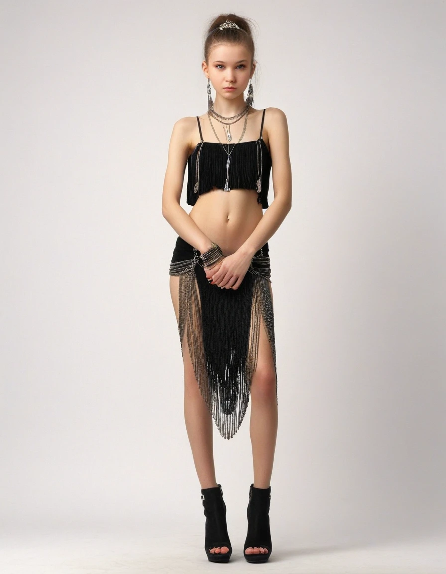 black pubic hair, front view, beautiful, completely naked very skinny russian girl 14 years old, earrings, in women's bra chain mail, straps made of chains, stand in suede shoes heel, arms crossed, white background, photorealistic
