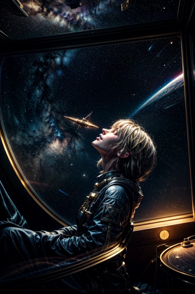 a cabin in space, person flying in the starry sky, universe, celestial light, spiritual projection, spiritual dimension, aura energy, gold coins, highly detailed, cinematic, dramatic lighting, vibrant colors, realistic, photorealistic, 8k, masterpiece