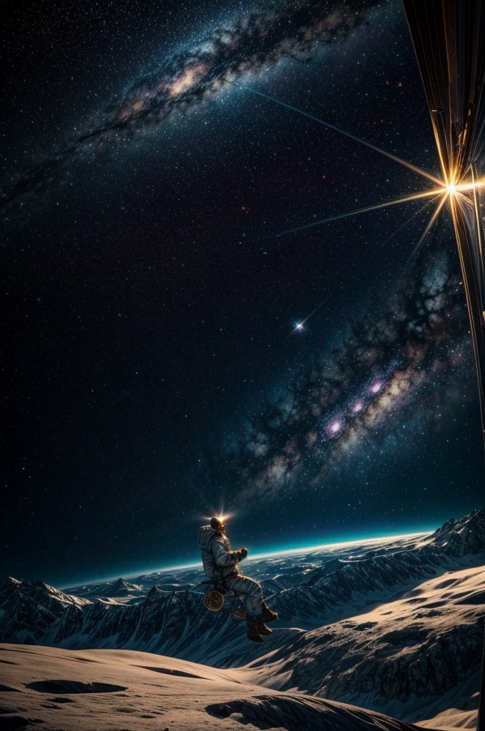 a cabin in space, person flying in the starry sky, universe, celestial light, spiritual projection, spiritual dimension, aura energy, gold coins, highly detailed, cinematic, dramatic lighting, vibrant colors, realistic, photorealistic, 8k, masterpiece