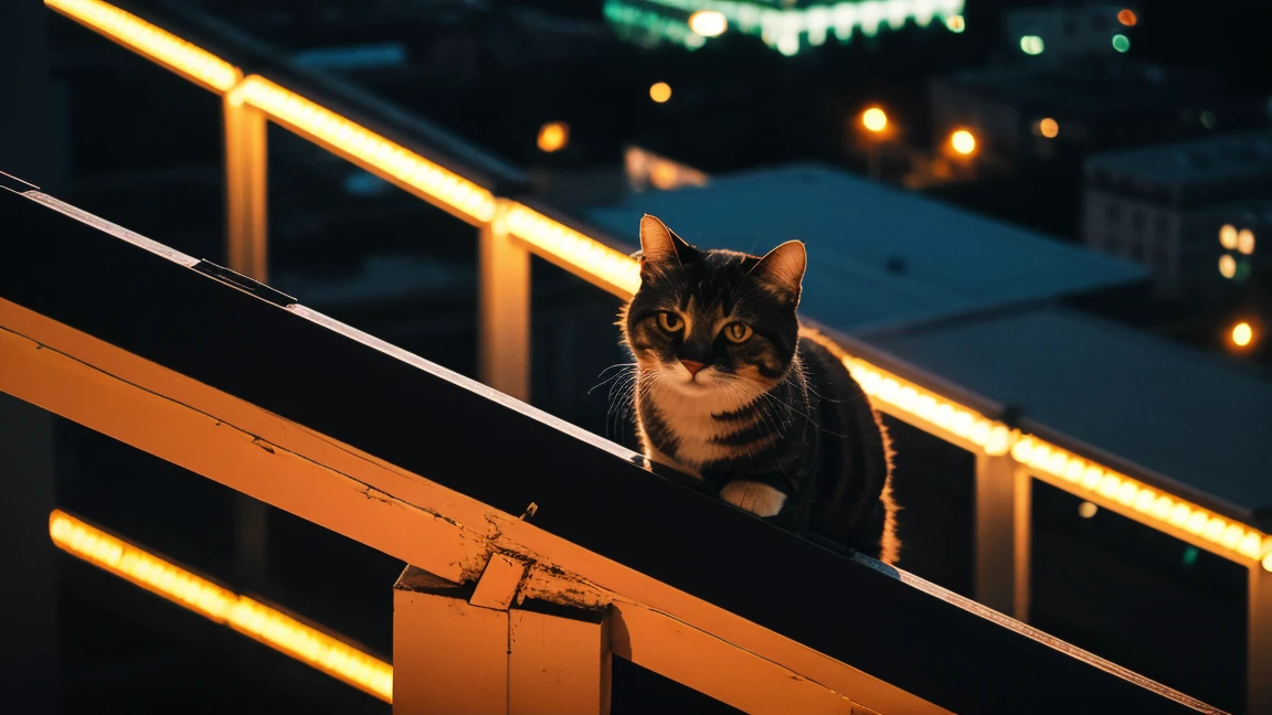 landscape, no one, city, skyscrapers, roof of a tall building, a cat stands on the parapet looking down, night, neon lights, illustration, cinematic lighting, close-up, from above, blurry, UHD, best quality, 4K
