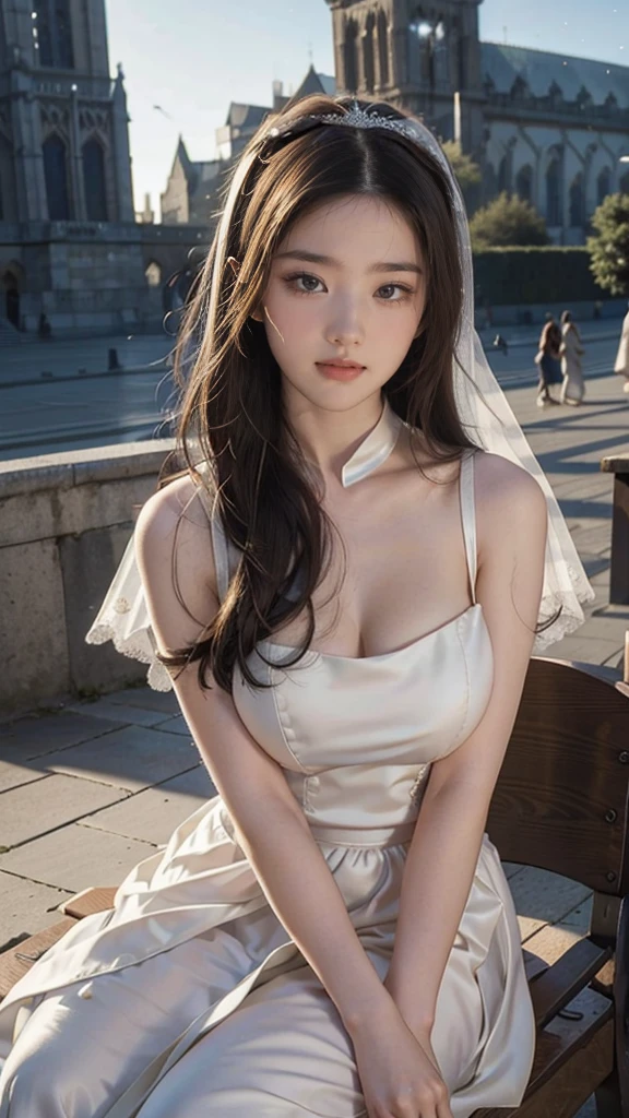 best quality, masterpiece, Let her sit, 1 girl, laughter, Cute s, Glossy lips, Sweet, Blindingight, Conservative clothing, High neck wedding dress, Bridal headdress, Depth of writing boundaries, Blurred background, With the cathedral as a backdrop, Light Particles, gale, Head tilt, Long hair, , (((15-year-old gLarge Breasts)))