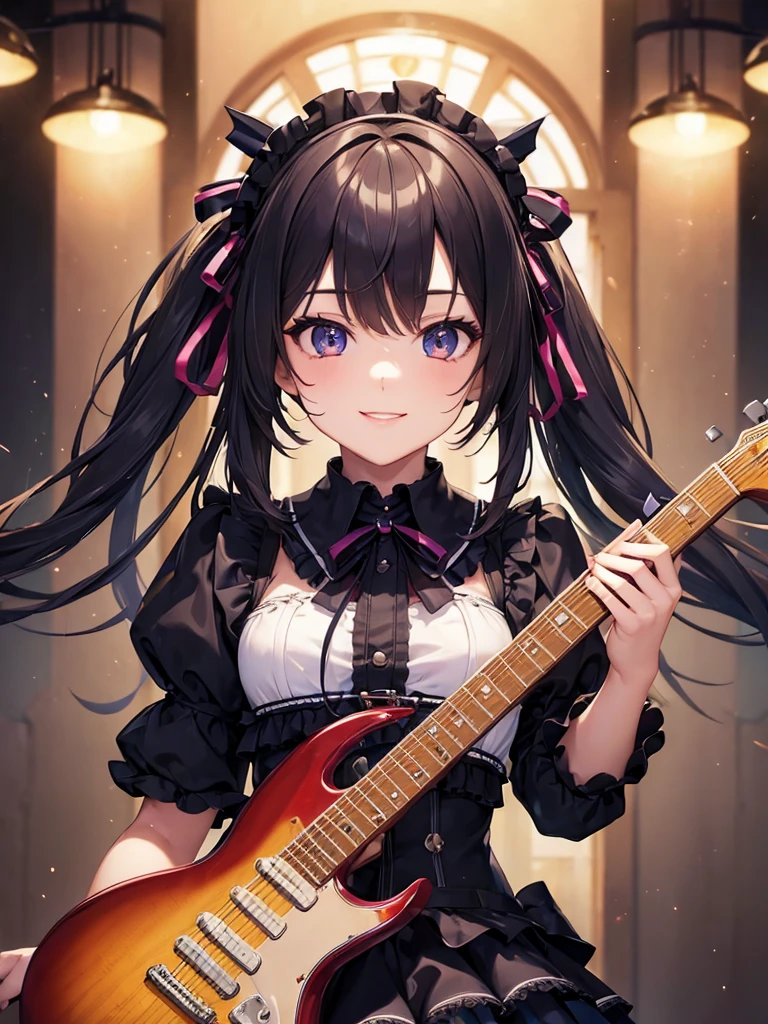 (masterpiece:1.5),(Beat quality),(high res),1girl solo,beautiful face,smile(shining eyes),upper body,light effects,Goth Lolita Woman,Electric guitar