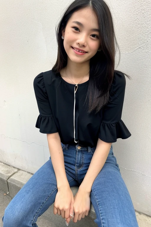 25 years old, girl, blouse, black skinny jeans, black blonde hair, indonesian girl, smile, with heel, masterpiece, best quality, ((realistic skin, smooth white skin))