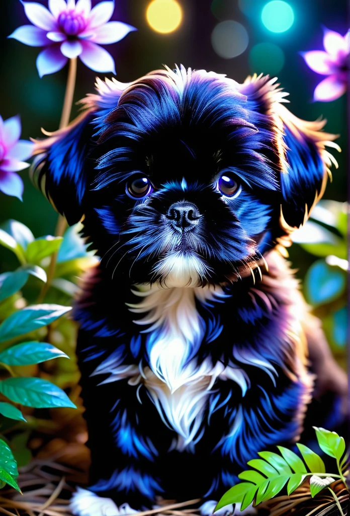Glowing black Shih Tzu puppy,bioluminescent purple flower,fabulous night forest,magical radiance,Concept art,depth of field,Raw photo,realistic,cinematic lighting,soft shadows,sharp focus,fractal,colorful,depth of field,best quality,16k resolution,vivid colors,volumetric lighting,