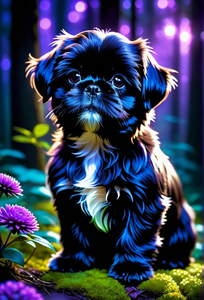 Glowing black Shih Tzu puppy,bioluminescent purple flower,fabulous night forest,magical radiance,Concept art,depth of field,Raw photo,realistic,cinematic lighting,soft shadows,sharp focus,fractal,colorful,depth of field,best quality,16k resolution,vivid colors,volumetric lighting,