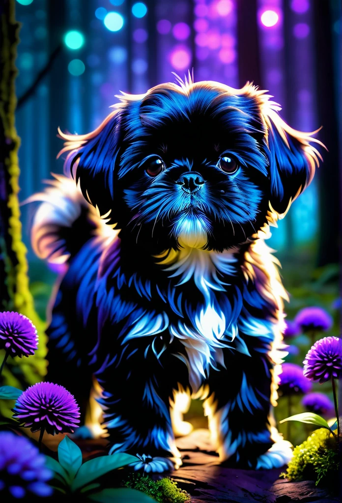 Glowing black Shih Tzu puppy,bioluminescent purple flower,fabulous night forest,magical radiance,Concept art,depth of field,Raw photo,realistic,cinematic lighting,soft shadows,sharp focus,fractal,colorful,depth of field,best quality,16k resolution,vivid colors,volumetric lighting,