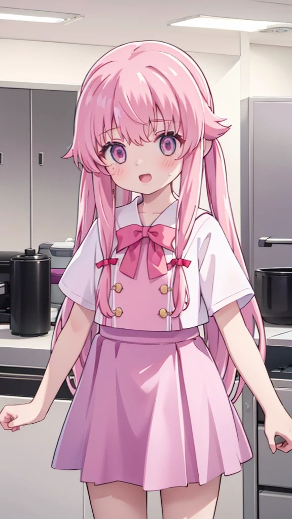 1girl,pink hair, pink eyes with love, detailed eyes, straight hair, long hair, straight bangs, shiny hair,
,red bowtie,purple skirt,purple shirt,pleated skirt,short sleeves, giving me,handing me over a plate with donut, smile, laughter , open mouth, kitchen background, high-definition,masterpiece, masterpiece, best quality, high resolution, aabeta, double, standing, slim waist, cute, sailor uniform (PastelColors: 1.3)