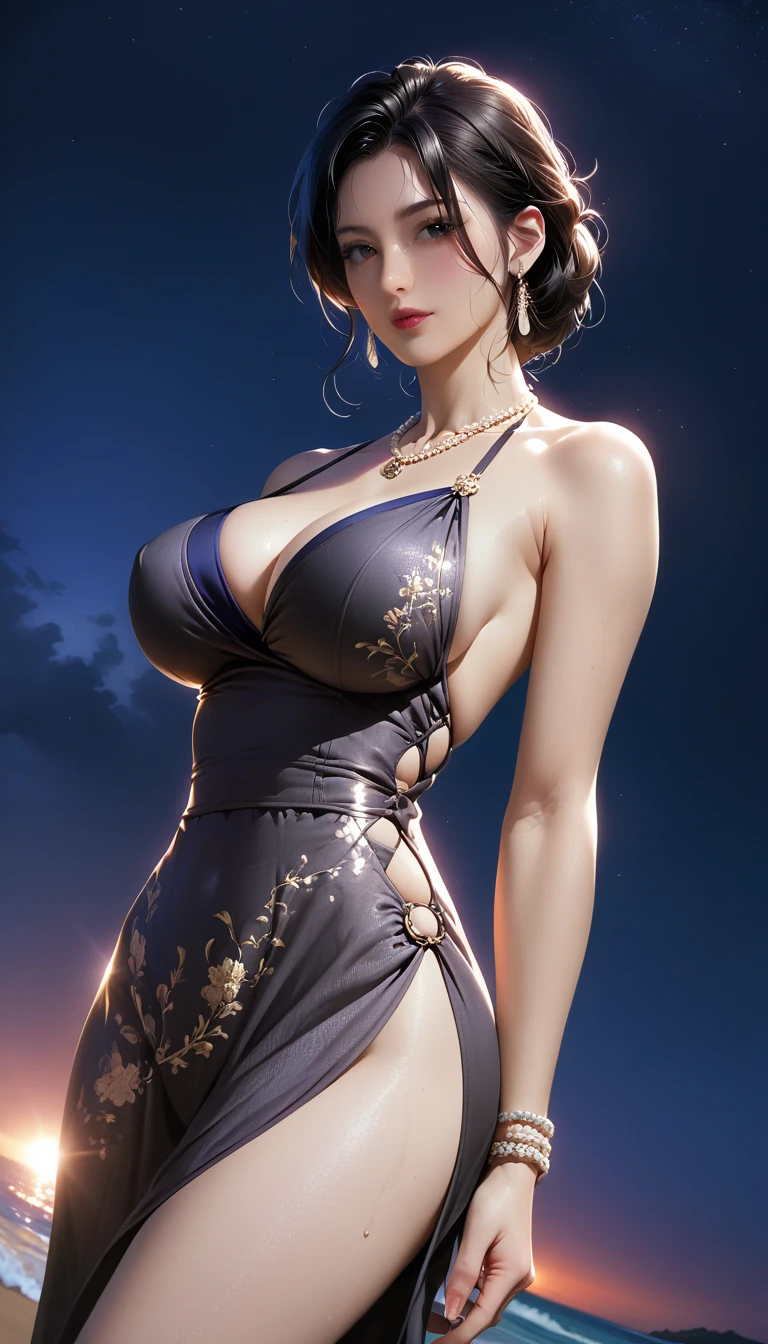 score_9, score_8_superior, score_7_superior, Masterpieces with up to 16K resolution,Highest quality,it is really amazing,Very detailed,Ultra-high resolution,Real,Realistic,Increased depth of field,Cinematic lighting,
(sexy japanese milf:1.5),
Long black hair,Ultra-detailed and beautiful faces,Translucent white skin,Very detailedな肌の質感,Slender body,Anatomically correct body,
(Elegant resort dresses:1.3),
Summery design,(Beautiful and detailed pattern:1.2),Detailed fabric texture,
Gorgeous necklace,Earrings,
(Night Coast:1.4),
Thundercloud,Pitch black sky,delay々Continuing sandy beach, Deserted Beach,Dark sea surface,
(Dramatic Angle:1.3),
