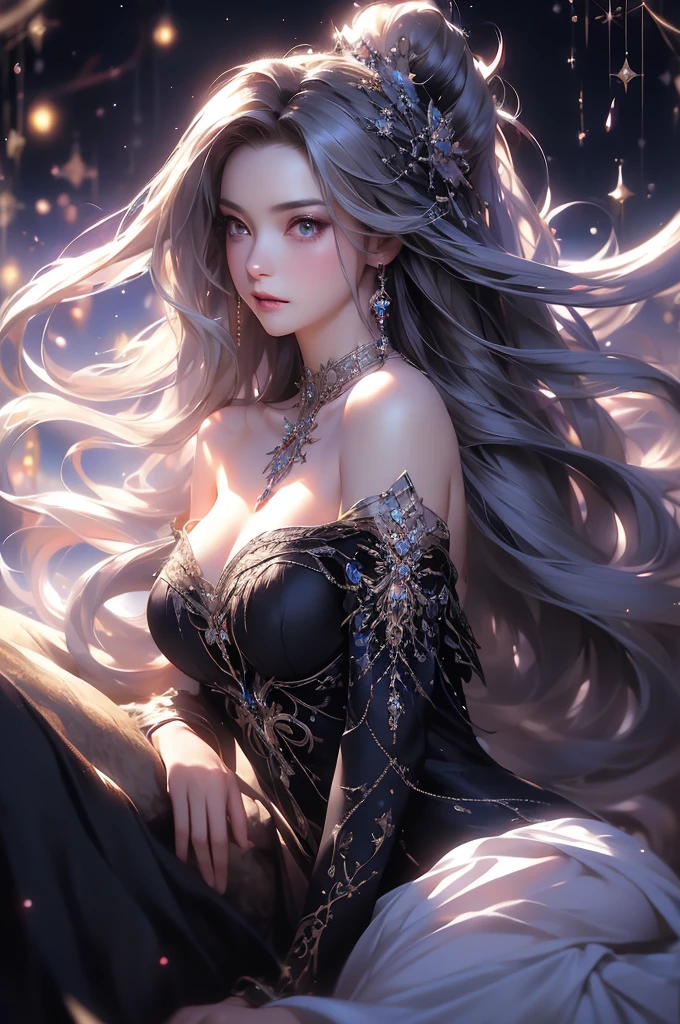 (masterpiece:1.5, Highest quality, Very detailed、 Dutch Angle、Semi-realistic、Fantasy)(One Girl, alone)(White and beautiful hair:1.4,,Straight Long Hair)(Dress in black tones、Fantasyの衣装)、((Off the shoulder、Mid-chest、ruby necklace))(Beautiful cleavage、Legs wrapped in tights)(Beautiful starry sky、Mystical Night、Particles of light float around the woman、Fantasy space) Waiting to start