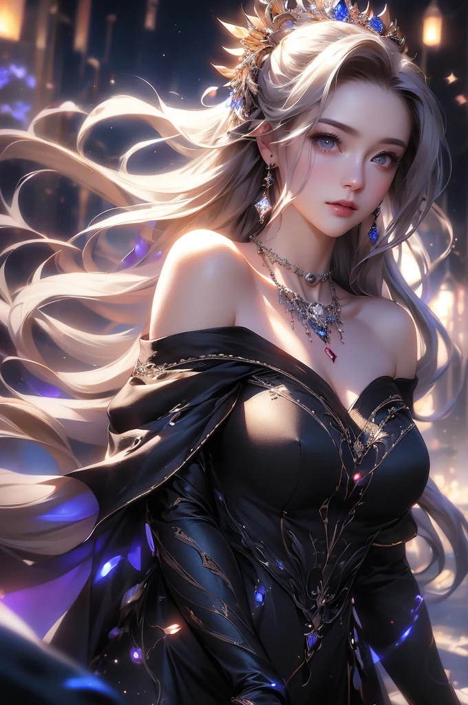 (masterpiece:1.5, Highest quality, Very detailed、 Dutch Angle、Semi-realistic、Fantasy)(One Girl, alone)(White and beautiful hair:1.4,,Straight Long Hair)(Dress in black tones、Fantasyの衣装)、((Off the shoulder、Mid-chest、ruby necklace))(Beautiful cleavage、Legs wrapped in tights)(Beautiful starry sky、Mystical Night、Particles of light float around the woman、Fantasy space) Waiting to start