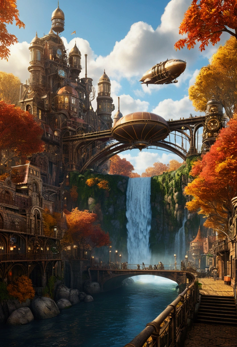 Beautiful steampunk clockwork city, Small airship, Floating Island, waterfall, Autumn themed forest, a fun day, Very detailed, 8k, Realistic, Cinema Lighting, Vibrant colors, Complex Machinery, gear, brass, copper, Renaissance architecture, Flying Buttress, stone bridge, Cobblestone Street, The power of steam, , With a bar, Lush greenery, autumn leaves, sun rays, Volumetric lighting、The river is flowing、