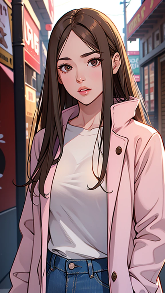 Girl, long brown hair, brown eyes, sharp features, white skin, pink lips, perfect look, sweater, denim jacket