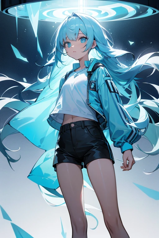 Black shorts,A girl with light blue long hair wearing a light blue short-sleeved shirt and a transparent jacket