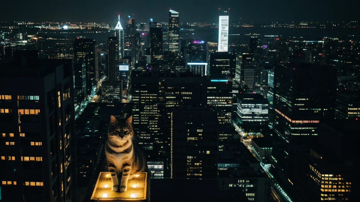 landscape, no one, city, skyscrapers, roof of a tall building, a cat stands on the parapet looking down, night, neon lights, illustration, cinematic lighting, close-up, from above, blurry, UHD, best quality, 4K