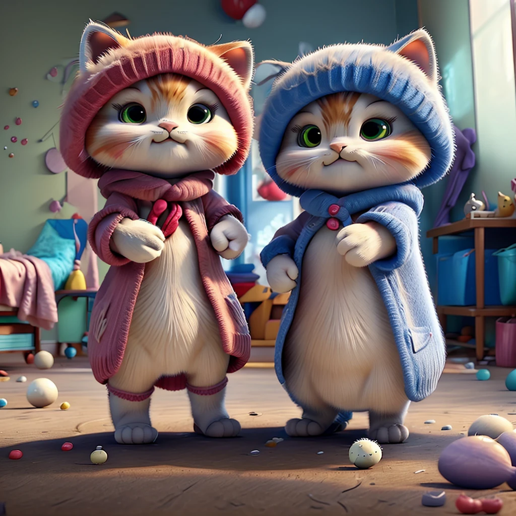 Characters:

Mother cat (angry expression).
Cute kitten wearing a Brazilian soccer jersey.
Setting:

Messy room with toys and clothes scattered around.
Action:

Mother cat pointing at the mess while the kitten looks apologetic.
