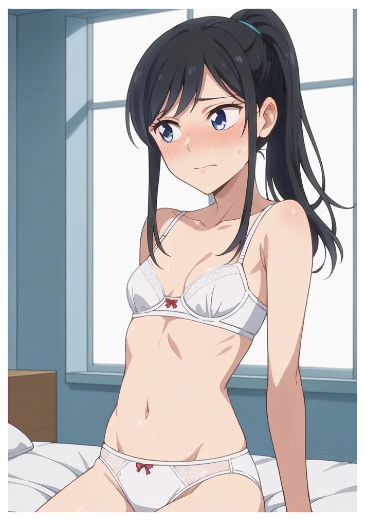 Perverted man possessed Tomoyo's body, glowing ted eyes, sadistic grin, moan, lolicon, small breast, dark horror ambience, hentai, nsfw, bedroom, looking at own reflection in the mirror, training bra, underwear, armpits, hands behind head