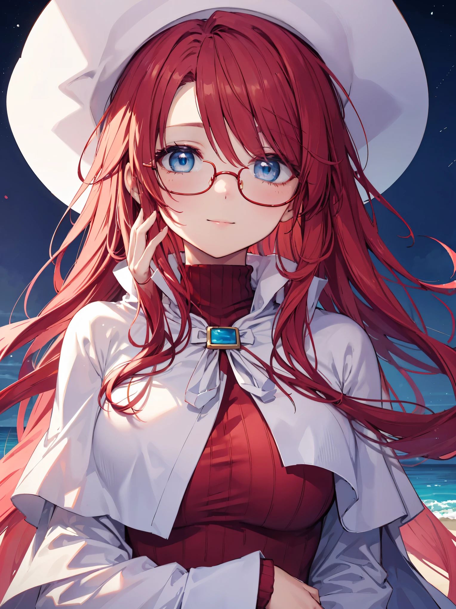 summonnightaty, aty, ),long hair, blue eyes, red hair, big_tits, hat, glasses, BREAK long hair,, hat, dress,glasses, cape, sweater, beret,ribbed sweater,,solo, BREAK outdoors, fantasy, BREAK (masterpiece:1.2), best quality, high resolution, unity 8k wallpaper, (illustration:0.8), (beautiful detailed eyes:1.6), extremely detailed face, perfect lighting, extremely detailed CG, perfect anatomy),covered_nipples,(half_eyes:1.2),(sleepy_eyes:1.2),red_sweater,magical_effect,,Smile,solo,beach_sky_landscape,night_sky,solo,portrait,bust up,