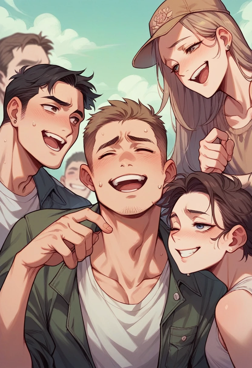 there are 5 people , nad one boy is so skinny , and they laughing on him , so he is sad