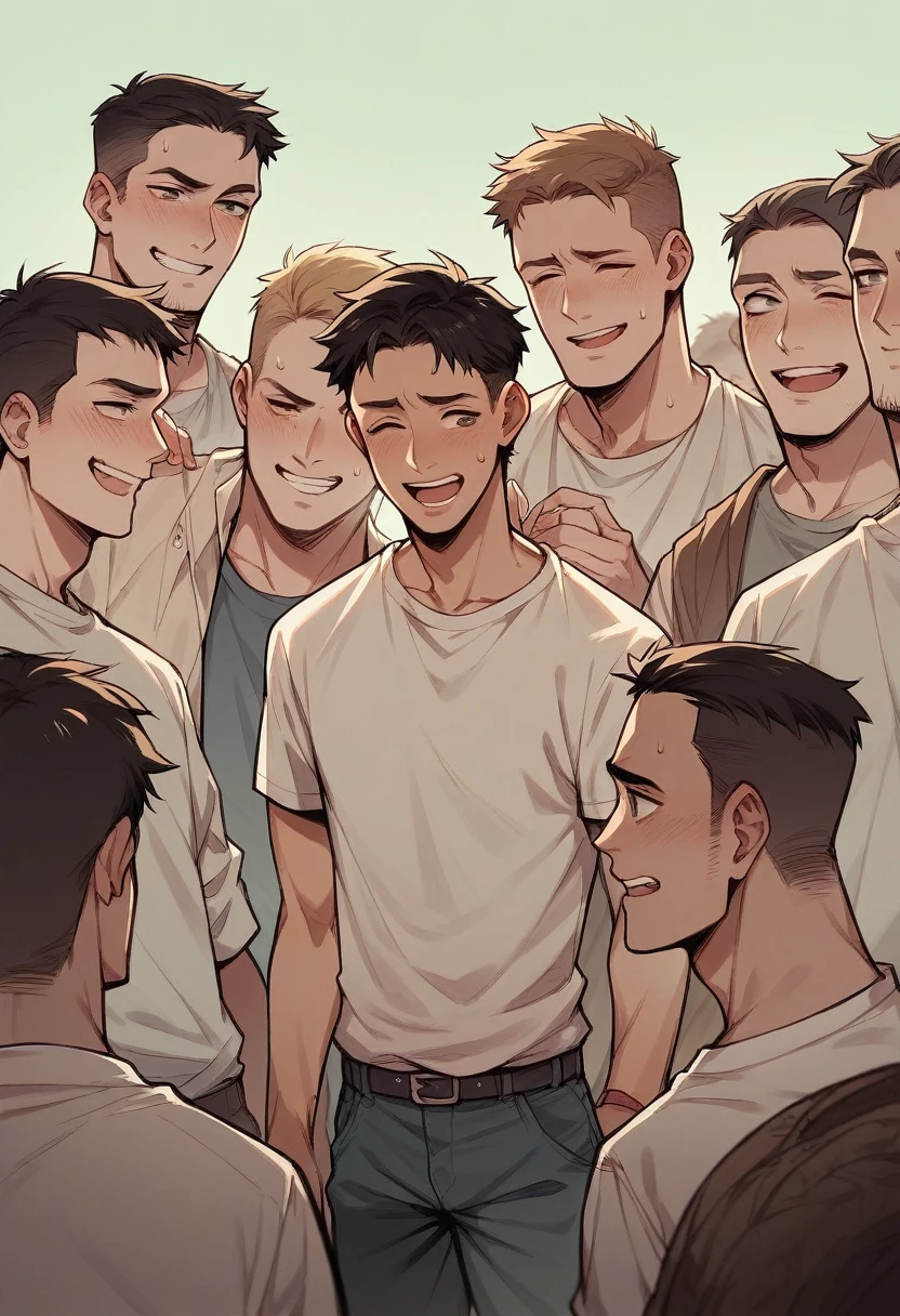 there are 5 people , nad one boy is so skinny , and they laughing on him , so he is sad